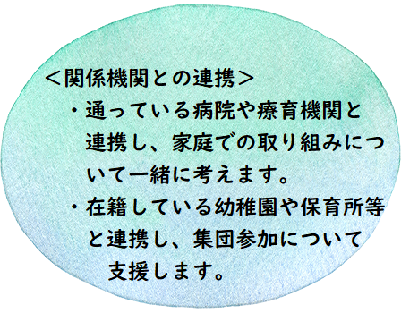 ＜関係機関との連携＞・通っている病院や療育機関と連携し、家庭での取り組みについて一緒に考えます。　・在籍している幼稚園や保育所等と連携し、集団参加について支援します。