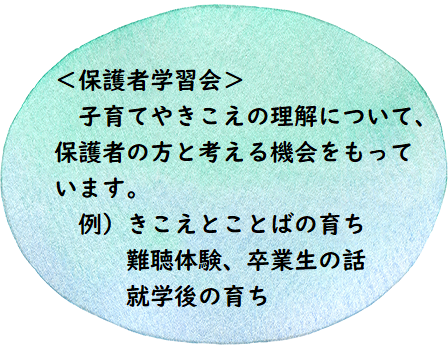 ＜保護者学習会＞子育てやきこえの理解について、保護者の方と考える機会をもっています。　例）きこえとことばの育ち　難聴体験　卒業生の話　就学後の育ち